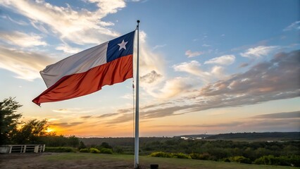 A full view of the Chile national flag waving proudly atop a flagpole. The flag is fully visible, fluttering dynamically in the wind against a sky with hues of blue, orange, and golden tones