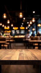 Rustic wooden table in a dimly lit restaurant