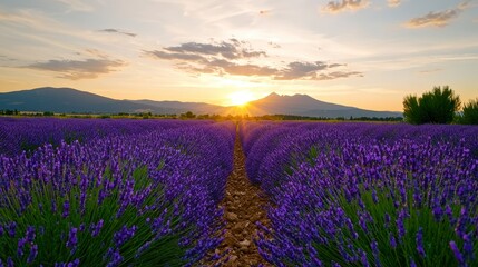Naklejka premium Sunset over Lavender Field and Mountains