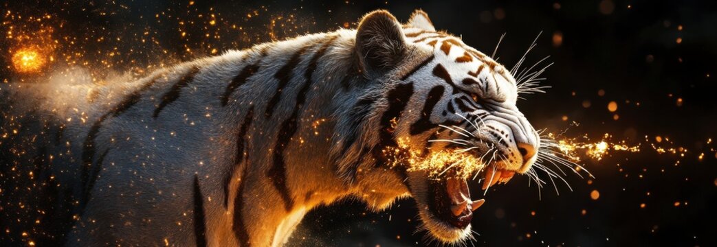 Fiery White Tiger in Dramatic Dark Setting