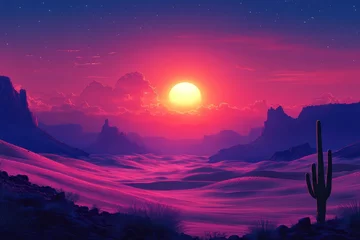 Gardinen Vibrant sunset over a desert landscape with cacti and mountains in the distance © Oleksandr