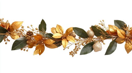 Fototapeta premium Gold Holiday Garland with Golden Leaves and Accents on White Background