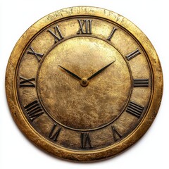 Gold Round Antique Clock with Roman Numerals on White Background