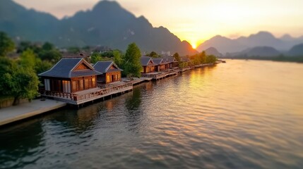 Obraz premium Tranquil River Houses at Sunset, Karst Mountains and Golden Hour Light