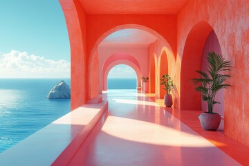 Fototapeta premium Stunning architectural design with vibrant colors and ocean view on a sunny day