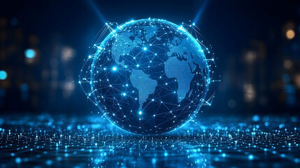 Obraz premium Glowing digital globe interconnected nodes network global communication data flow futuristic technology digital wo