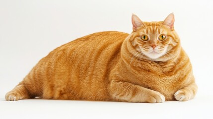 Overweight Orange Tabby Cat Lying on White Background