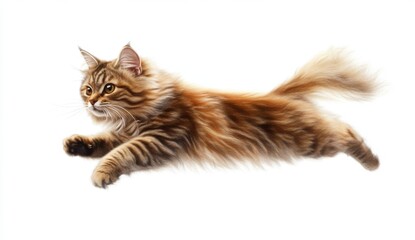 Obraz premium Playful Brown Tabby Cat Leaping Across White Background