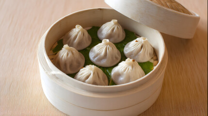 Authentic Shanghai Soup Dumplings Filled with Minced Pork Steamed in Bamboo Basket