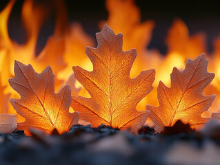 Three autumn leaves glowing with orange light  Detailed veins and unique shapes add texture