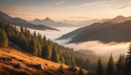 Obraz premium Majestic Sunrise over Misty Mountain Valley and Forest