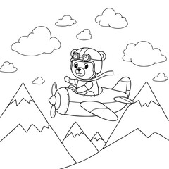Funny cartoon drawing of a boy with a cat and bear in a winter fairytale scene for kids coloring book