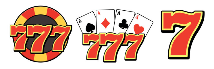Set Casino 777, slot machines, poker. Flat design vector logo casino 777 chips, cards. Logo illustration for casino design projects, roulette on white background