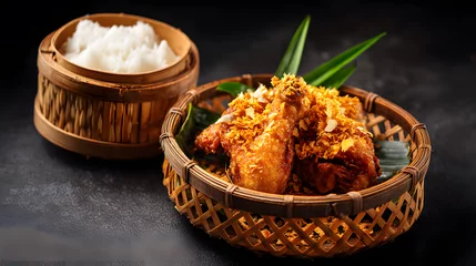 Delicious Thai Fried Chicken Gai Tod with Crispy Coating and Steamed Rice in Elegant Basket Presentation © Thisisbest