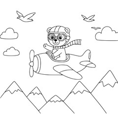 Funny cartoon drawing of a boy with a cat and bear in a winter fairytale scene for kids coloring book