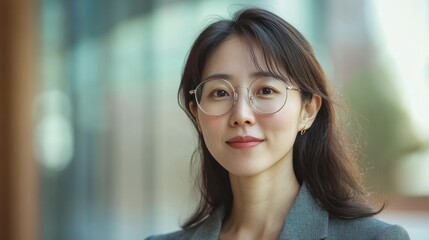 Fototapeta premium Asian professional, donning glasses, smiles confidently, conveying competence, success, and unwavering motivation.
