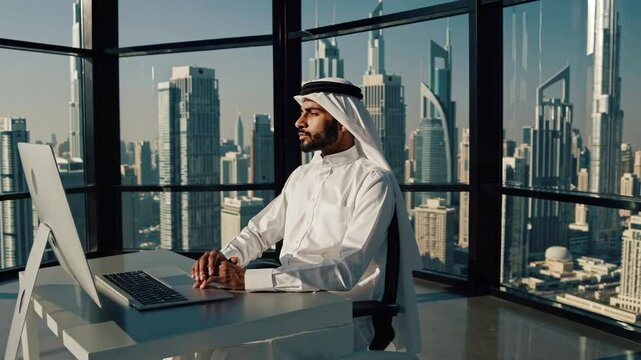 Handsome man with dish dasha working in his business office of Dubai. Portraits of a successful businessman in traditional emirates white dress. Concept about middle eastern cultures