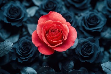Red rose blooms vibrantly among dark black roses in a lush garden setting