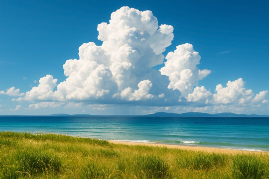 海辺にそびえる入道雲と夏の青空