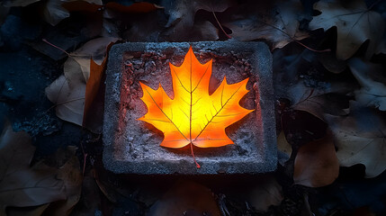 Lit orange maple leaf in concrete bowl surrounded by darker leaves