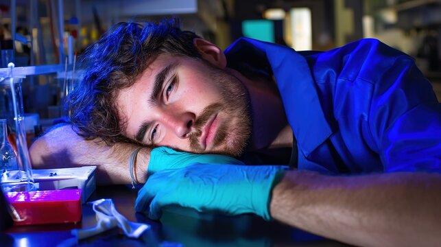 Fatigued researcher lying on lab bench science laboratory emotional portrait dark environment close-up view exhaustion
