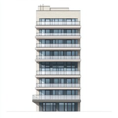 A modern, six-story building with balconies on each floor and a storefront on the ground level