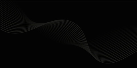Black abstract background design. Modern wavy line pattern (guilloche curves) in monochrome colors. Premium stripe texture for banner, business backdrop. Dark horizontal vector template