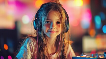 Girl smiles, wearing headphones, enjoying music, audio, entertainment, happy child using technology device.