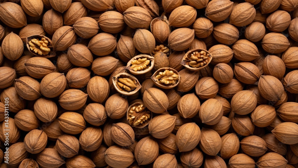 Aufkleber A close-up view of several nuts, showing the shells open to reveal the nut inside.