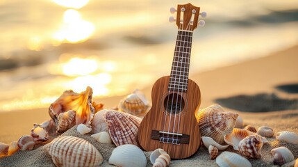 Obraz premium Ukulele Surrounded by Seashells on Beach with Soft Golden Light