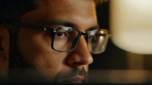 Thoughtful man with glasses in profile view against soft background lighting. His steady gaze gradually shifts slightly as he remains focused, creating an atmosphere of contemplation and intellect.
