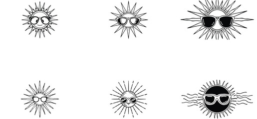 Sun with eyeglass unique hand drawn line art silhouette vector set design