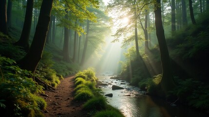 Obraz premium Sunlit Trail Discovery: A Nature Lover's Paradise