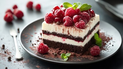 Raspberry tiramisu dessert sits elegantly cocoa powder sprinkled enhancing presentation delicious treat celebration awaits.