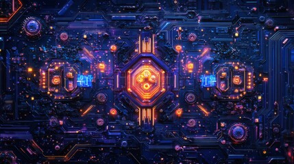 Abstract Futuristic Circuit Board Design with Glowing Lines and Energy