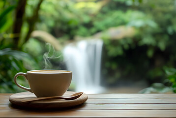 Macro shot steaming cup of coffee with small spoon resting on wooden counter, framed by soft green foliage and blurred waterfall, evoking serene morning in rustic nature setting.