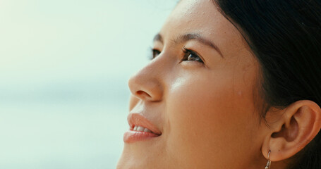 Thinking, reflection space or girl on outdoor break for holiday, vacation, travel or adventure to relax. Remember, face or person with peace outside for mockup, mindfulness or tourism ideas in Bali