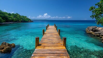 Fototapeta premium Tranquil wooden pier extending into crystal-clear turquoise ocean.