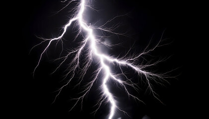 Lightning Strike at Night: A dramatic close-up of a powerful lightning bolt striking across a dark night sky, showcasing the intricate branching patterns of the electrical discharge.