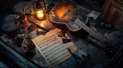 Vintage Guitar and Sheet Music on Rustic Table in Dim Light