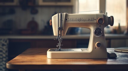 Vintage Sewing Machine on Wooden Table in Retro Kitchen Setting