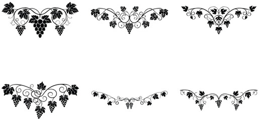 Vine and grapes hand drawn line art silhouette vector set design