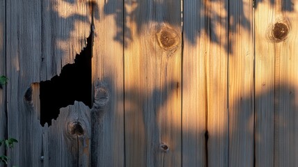 Weathered Wooden Fence with Hole and Tree Shadow at Sunset Light