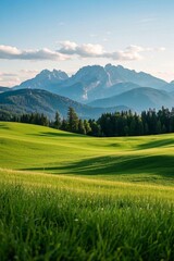 Obraz premium a view of a green field with mountains in the background