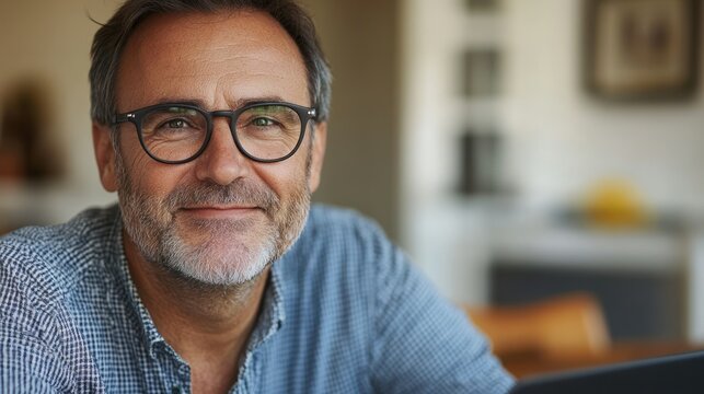 Hispanic man, smiling, wearing eyeglasses exudes confidence, reflects warmth, projects approachable demeanor at home.