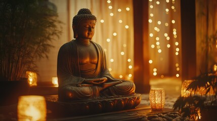 Buddha statue meditates peacefully amidst soft candlelight, embodying spiritual harmony, inviting quiet contemplation.