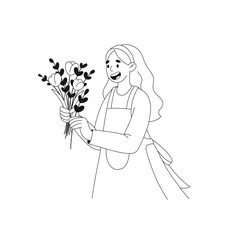 Happy florist with tulip bouquet — flat vector doodle illustration