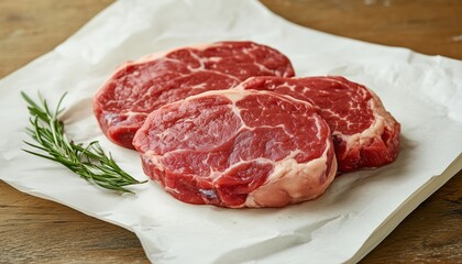 Top View Of Raw Salmon, Beef, And Chicken Meat Steaks On A White Wooden Board - Organic Food Display. View From Above.