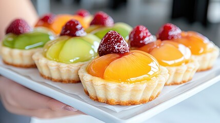 Colorful fruit tarts displayed on a plate