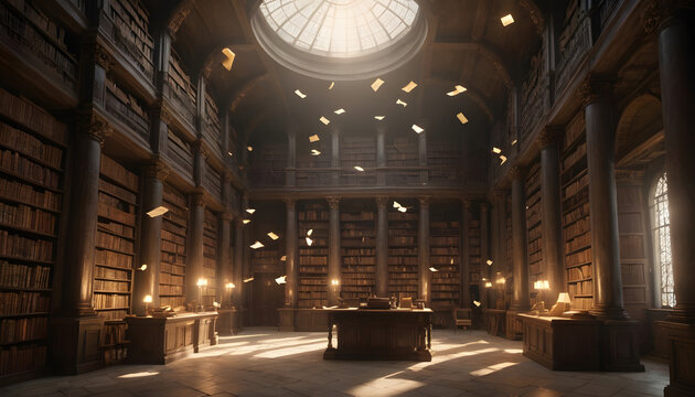 Grand Library Interior With Soaring Bookshelves and Mysterious Floating Papers